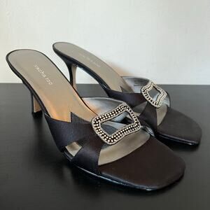 Sacha Too Black Silver Chain Rhinestone Heeled Square Toe Slip On Sandals 9M